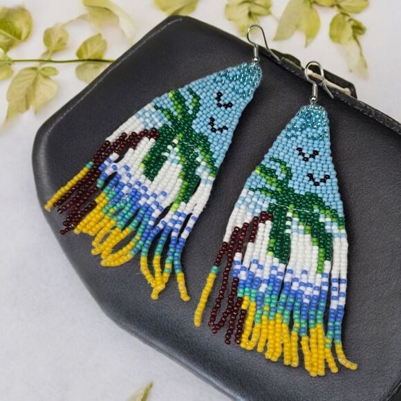 Palm Tree Beach Earrings Glass Bead Boho Dangle Island Jewelry Summer Beaded NEW - Picture 3 of 6